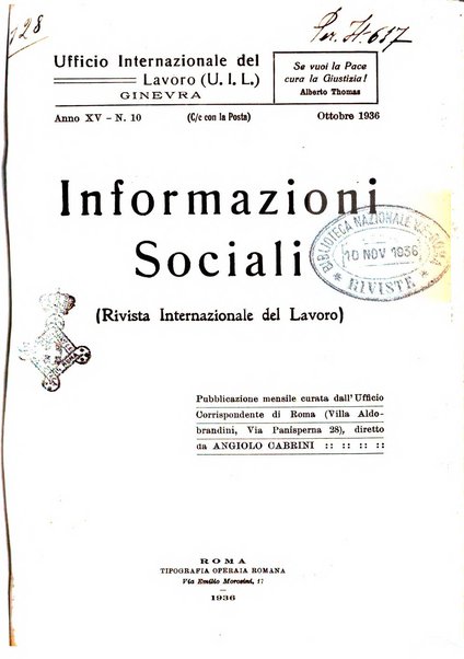 Informazioni sociali pubblicazione mensile curata dall'Ufficio corrispondente di Roma dell'Ufficio internazionale del lavoro, Ginevra