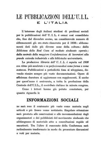 Informazioni sociali pubblicazione mensile curata dall'Ufficio corrispondente di Roma dell'Ufficio internazionale del lavoro, Ginevra