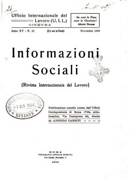 Informazioni sociali pubblicazione mensile curata dall'Ufficio corrispondente di Roma dell'Ufficio internazionale del lavoro, Ginevra