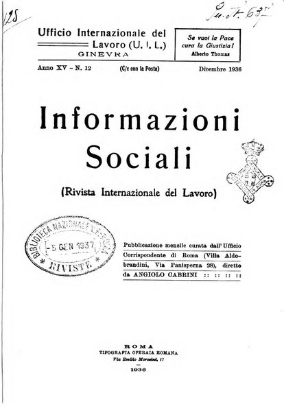 Informazioni sociali pubblicazione mensile curata dall'Ufficio corrispondente di Roma dell'Ufficio internazionale del lavoro, Ginevra