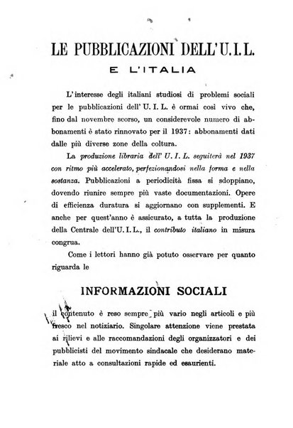 Informazioni sociali pubblicazione mensile curata dall'Ufficio corrispondente di Roma dell'Ufficio internazionale del lavoro, Ginevra