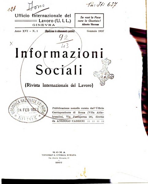 Informazioni sociali pubblicazione mensile curata dall'Ufficio corrispondente di Roma dell'Ufficio internazionale del lavoro, Ginevra