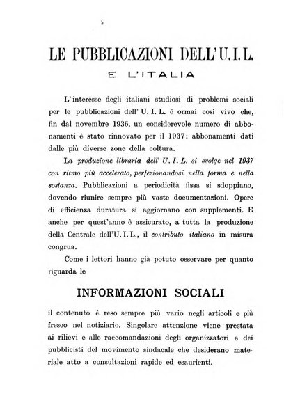 Informazioni sociali pubblicazione mensile curata dall'Ufficio corrispondente di Roma dell'Ufficio internazionale del lavoro, Ginevra