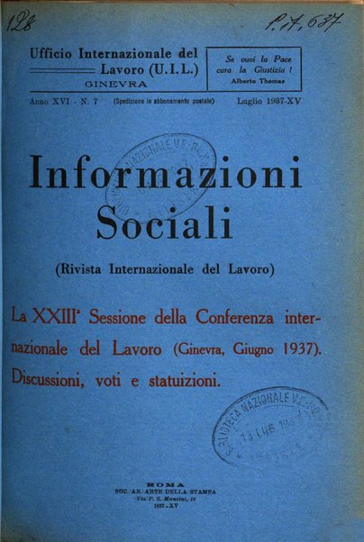 Informazioni sociali pubblicazione mensile curata dall'Ufficio corrispondente di Roma dell'Ufficio internazionale del lavoro, Ginevra