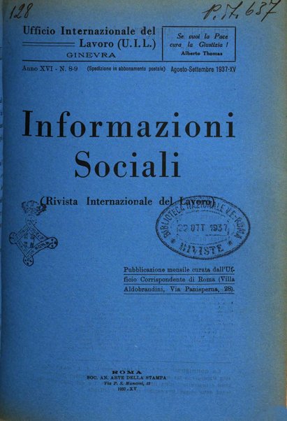 Informazioni sociali pubblicazione mensile curata dall'Ufficio corrispondente di Roma dell'Ufficio internazionale del lavoro, Ginevra