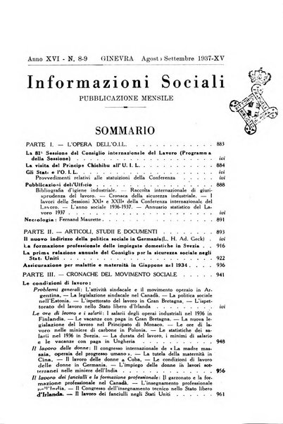 Informazioni sociali pubblicazione mensile curata dall'Ufficio corrispondente di Roma dell'Ufficio internazionale del lavoro, Ginevra