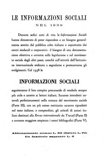 Informazioni sociali pubblicazione mensile curata dall'Ufficio corrispondente di Roma dell'Ufficio internazionale del lavoro, Ginevra