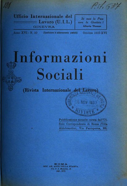 Informazioni sociali pubblicazione mensile curata dall'Ufficio corrispondente di Roma dell'Ufficio internazionale del lavoro, Ginevra