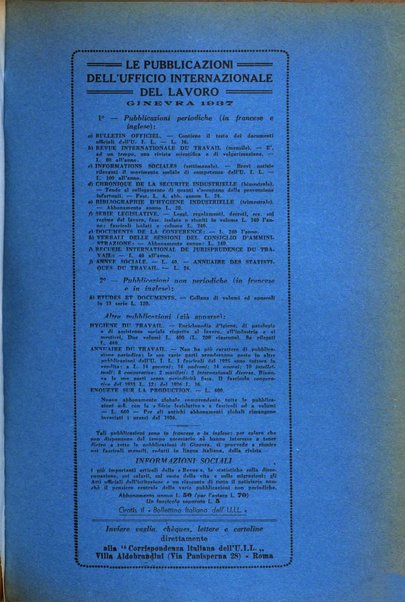 Informazioni sociali pubblicazione mensile curata dall'Ufficio corrispondente di Roma dell'Ufficio internazionale del lavoro, Ginevra