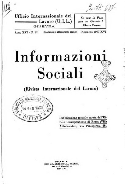 Informazioni sociali pubblicazione mensile curata dall'Ufficio corrispondente di Roma dell'Ufficio internazionale del lavoro, Ginevra