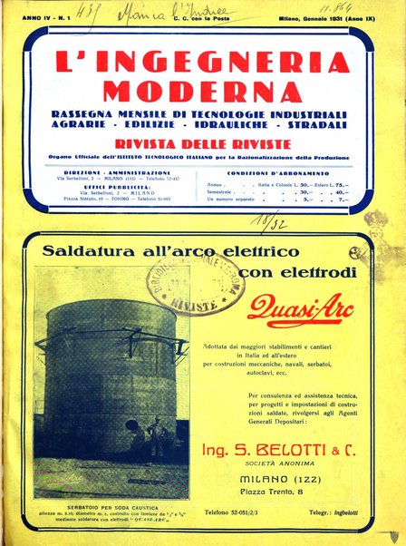 L'Ingegneria moderna rassegna di tecnologie industriali, agrarie, edilizie, idrauliche, stradali, ferroviarie