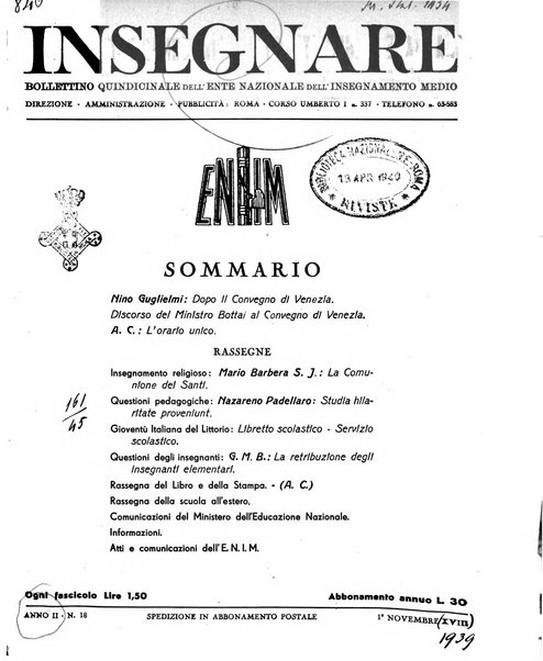 Insegnare bollettino quindicinale dell'Ente nazionale dell'insegnamento medio