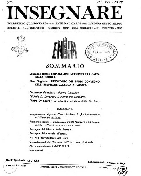 Insegnare bollettino quindicinale dell'Ente nazionale dell'insegnamento medio
