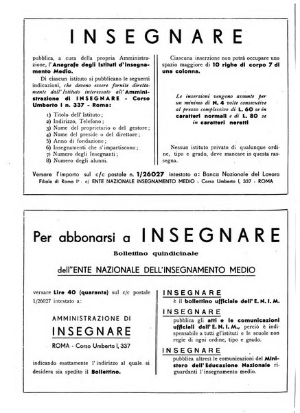 Insegnare bollettino quindicinale dell'Ente nazionale dell'insegnamento medio