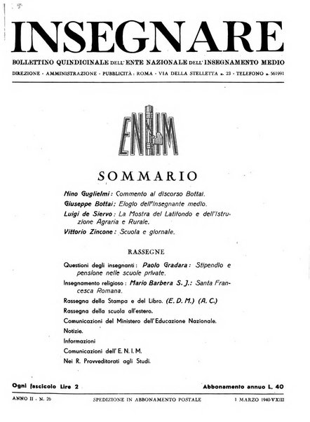 Insegnare bollettino quindicinale dell'Ente nazionale dell'insegnamento medio