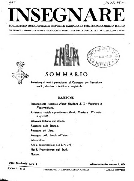 Insegnare bollettino quindicinale dell'Ente nazionale dell'insegnamento medio