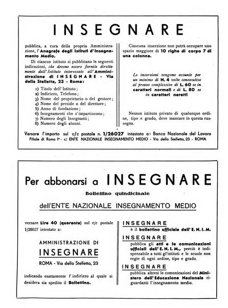 Insegnare bollettino quindicinale dell'Ente nazionale dell'insegnamento medio