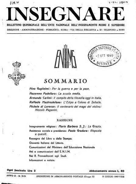 Insegnare bollettino quindicinale dell'Ente nazionale dell'insegnamento medio