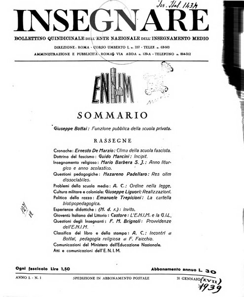 Insegnare bollettino quindicinale dell'Ente nazionale dell'insegnamento medio