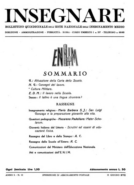 Insegnare bollettino quindicinale dell'Ente nazionale dell'insegnamento medio