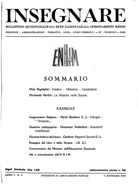 Insegnare bollettino quindicinale dell'Ente nazionale dell'insegnamento medio