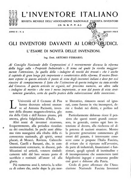 L'inventore italiano rivista mensile della Associazione nazionale fascista inventori