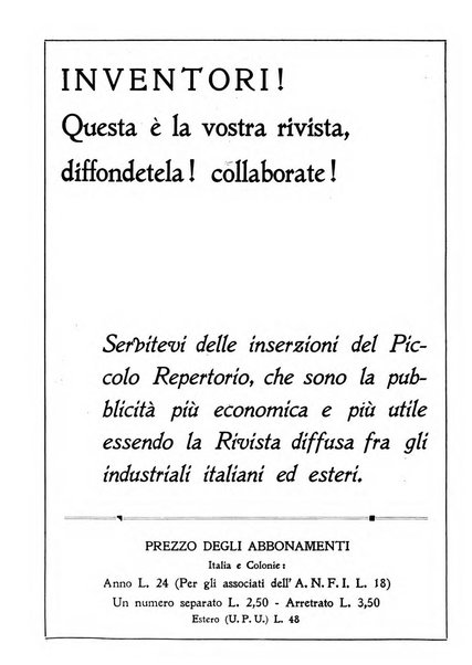 L'inventore italiano rivista mensile della Associazione nazionale fascista inventori