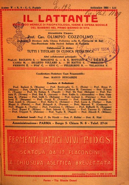 Il lattante periodico mensile di fisiopatologia, igiene e difesa sociale del bambino nel primo biennio di vita