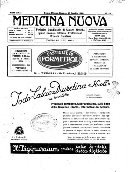 Medicina nuova periodico settimanale di scienze mediche, giurisprudenza sanitaria, medicina sociale e interessi delle classi sanitarie