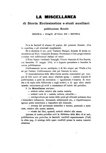 Miscellanea di storia ecclesiastica e studi ausiliari pubblicazione mensile