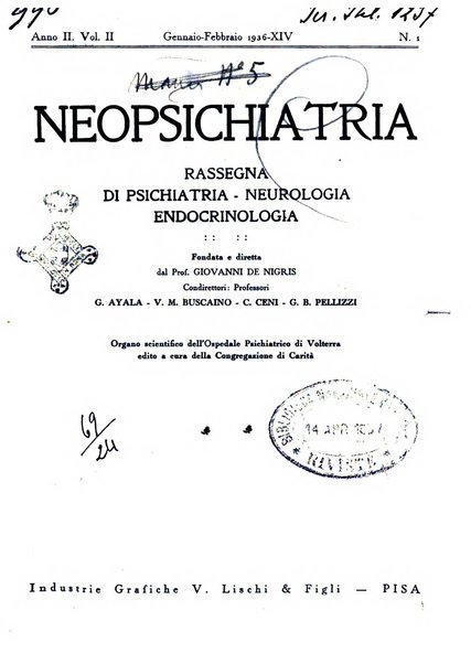 Neopsichiatria rassegna di psichiatria, neurologia, endocrinologia