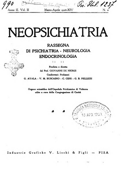 Neopsichiatria rassegna di psichiatria, neurologia, endocrinologia