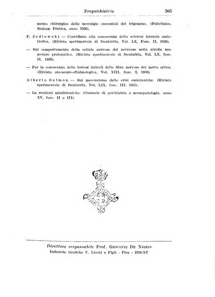 Neopsichiatria rassegna di psichiatria, neurologia, endocrinologia