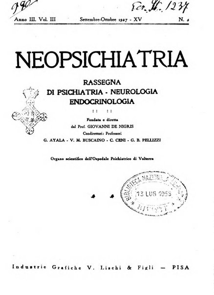 Neopsichiatria rassegna di psichiatria, neurologia, endocrinologia