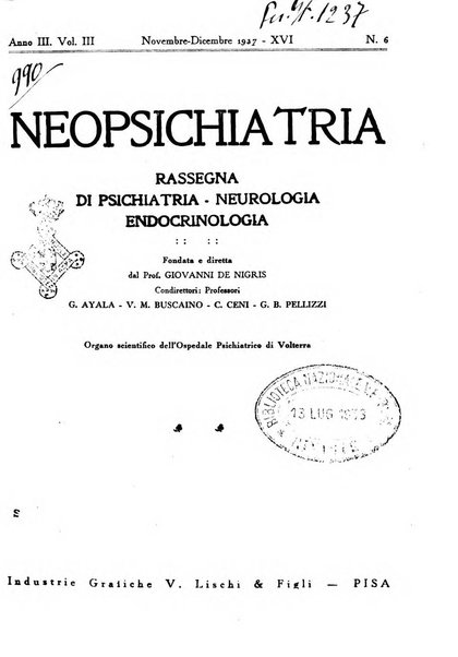 Neopsichiatria rassegna di psichiatria, neurologia, endocrinologia