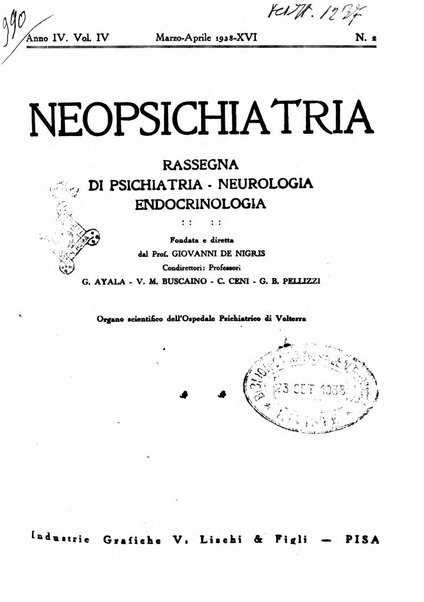 Neopsichiatria rassegna di psichiatria, neurologia, endocrinologia