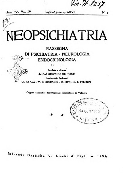 Neopsichiatria rassegna di psichiatria, neurologia, endocrinologia