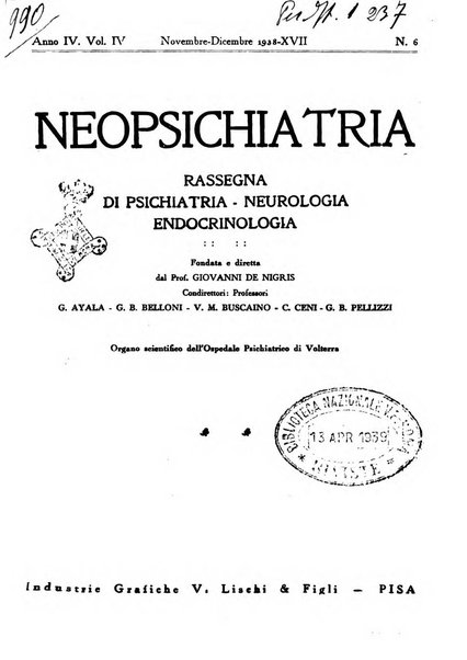 Neopsichiatria rassegna di psichiatria, neurologia, endocrinologia