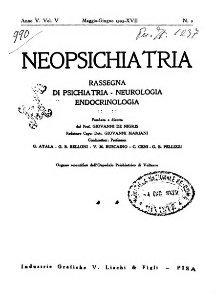 Neopsichiatria rassegna di psichiatria, neurologia, endocrinologia