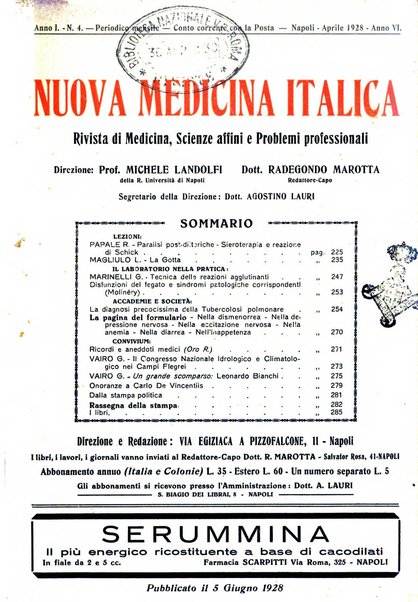 Nuova medicina italica rivista di medicina, scienze affini e problemi professionali