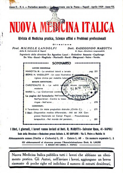 Nuova medicina italica rivista di medicina, scienze affini e problemi professionali