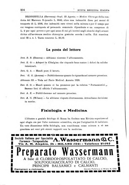 Nuova medicina italica rivista di medicina, scienze affini e problemi professionali