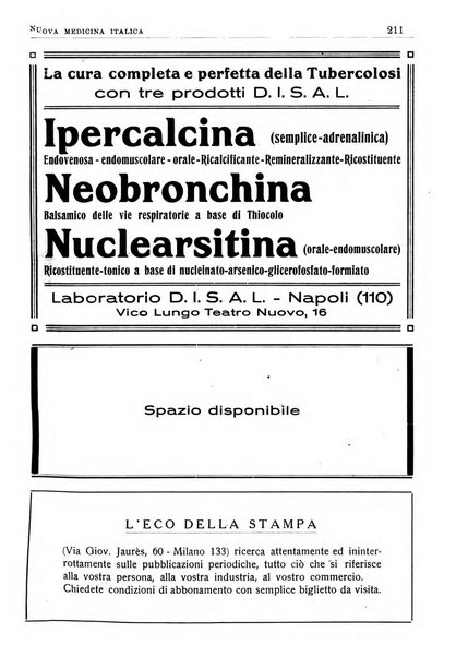 Nuova medicina italica rivista di medicina, scienze affini e problemi professionali