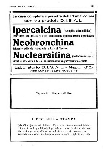 Nuova medicina italica rivista di medicina, scienze affini e problemi professionali