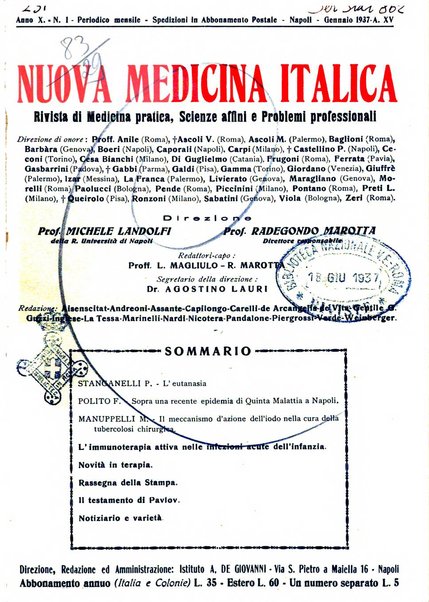 Nuova medicina italica rivista di medicina, scienze affini e problemi professionali