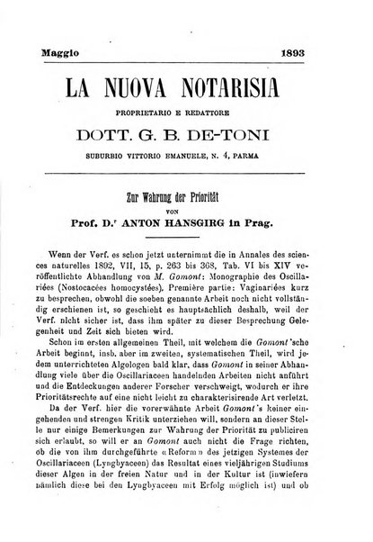 La nuova Notarisia rassegna trimestrale consacrata allo studio delle alghe