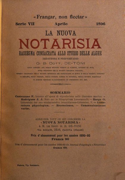 La nuova Notarisia rassegna trimestrale consacrata allo studio delle alghe