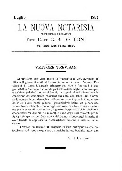 La nuova Notarisia rassegna trimestrale consacrata allo studio delle alghe