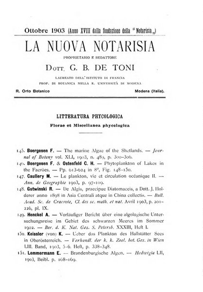 La nuova Notarisia rassegna trimestrale consacrata allo studio delle alghe