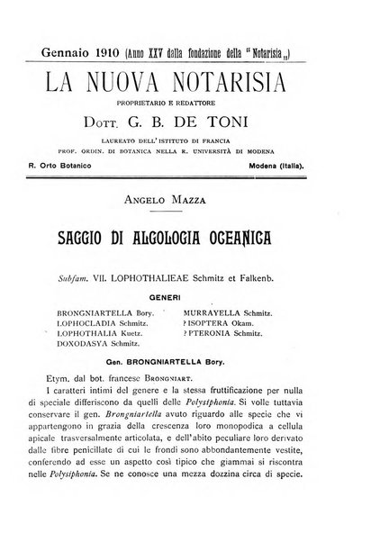 La nuova Notarisia rassegna trimestrale consacrata allo studio delle alghe